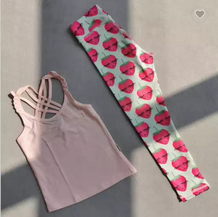 Light Green Cute Strawberry Leggings and Light Peach Braided Cross-back Tank