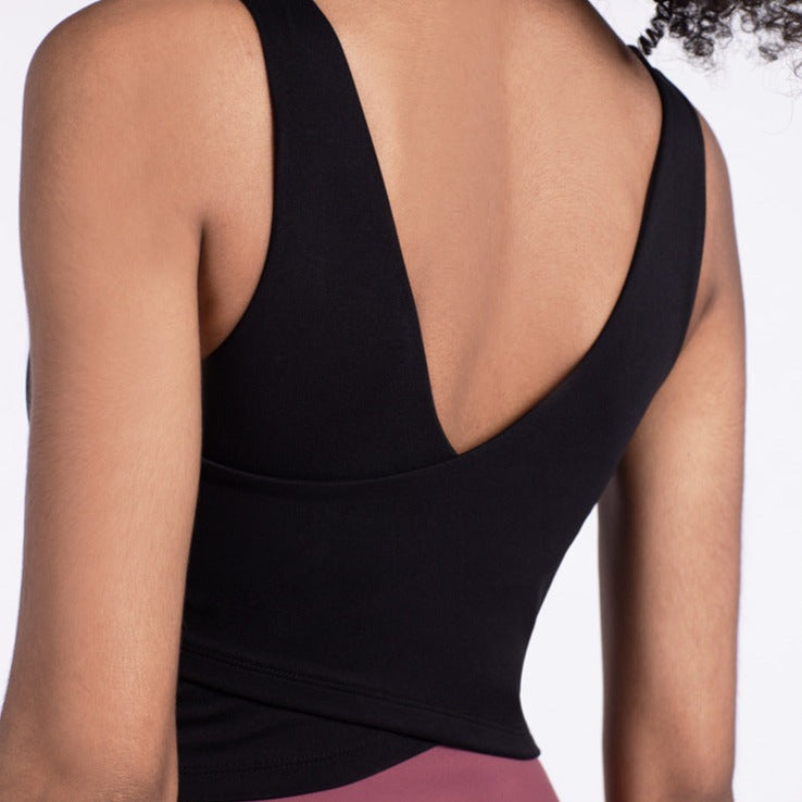 V-back Wrap Cropped Black Sports Bra