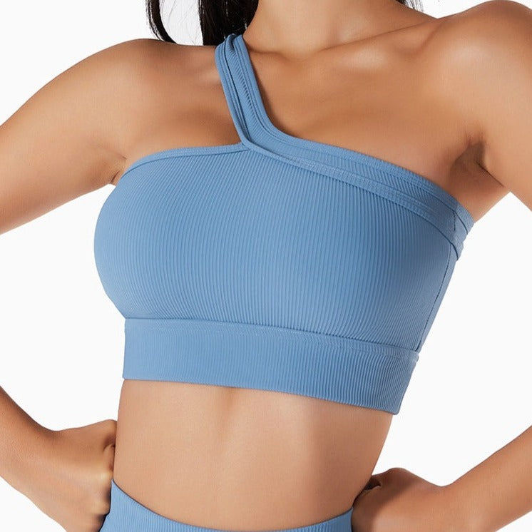 Blue One-Shoulder Ribbed Sports Bra + Shorts
