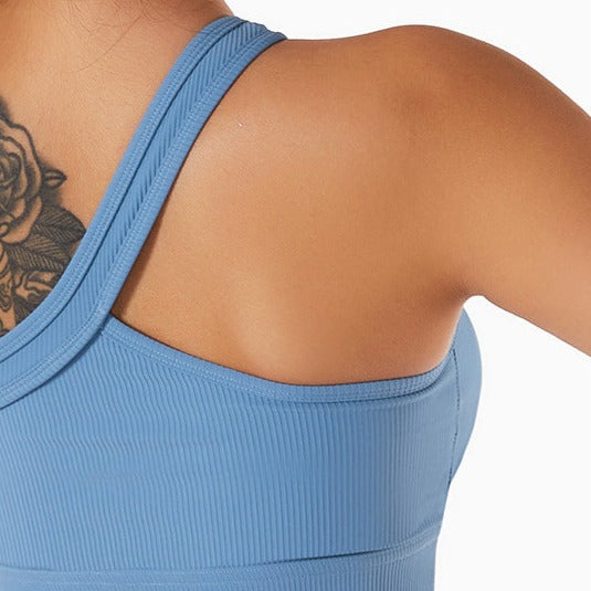 Blue One-Shoulder Ribbed Sports Bra + Shorts