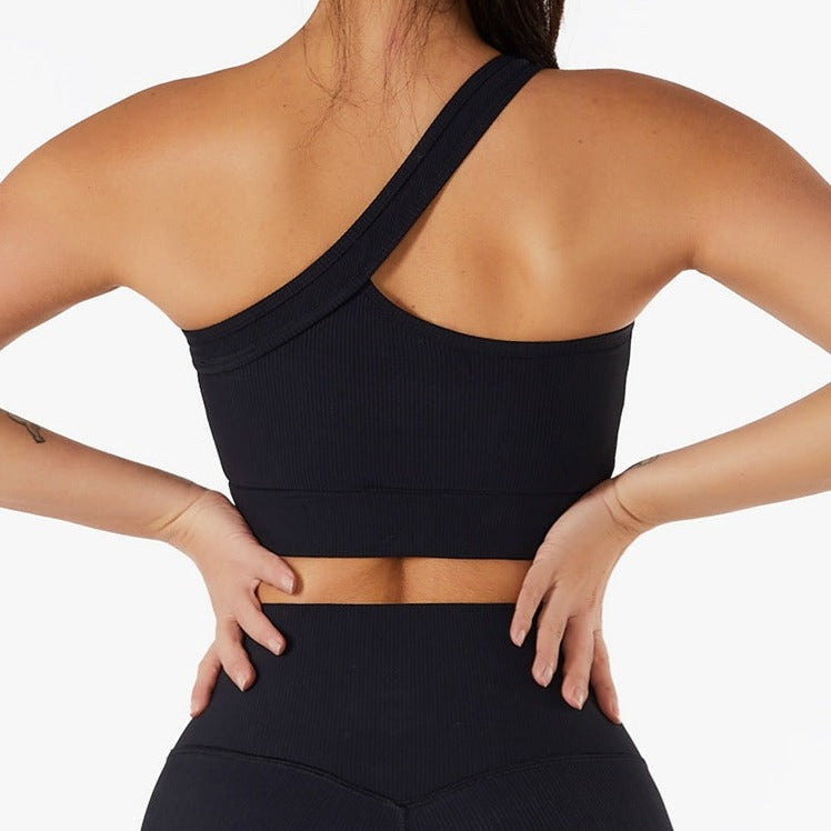 Black One-Shoulder Ribbed Sports Bra + Shorts