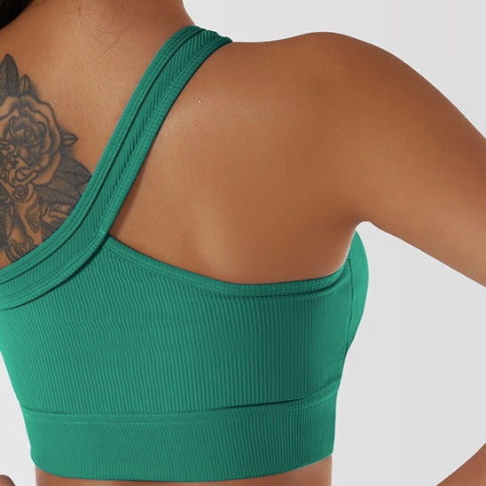 Green One-Shoulder Ribbed Sports Bra + Shorts