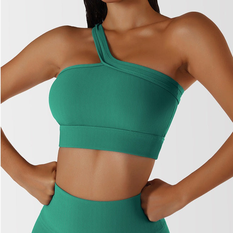 Green One-Shoulder Ribbed Sports Bra + Shorts